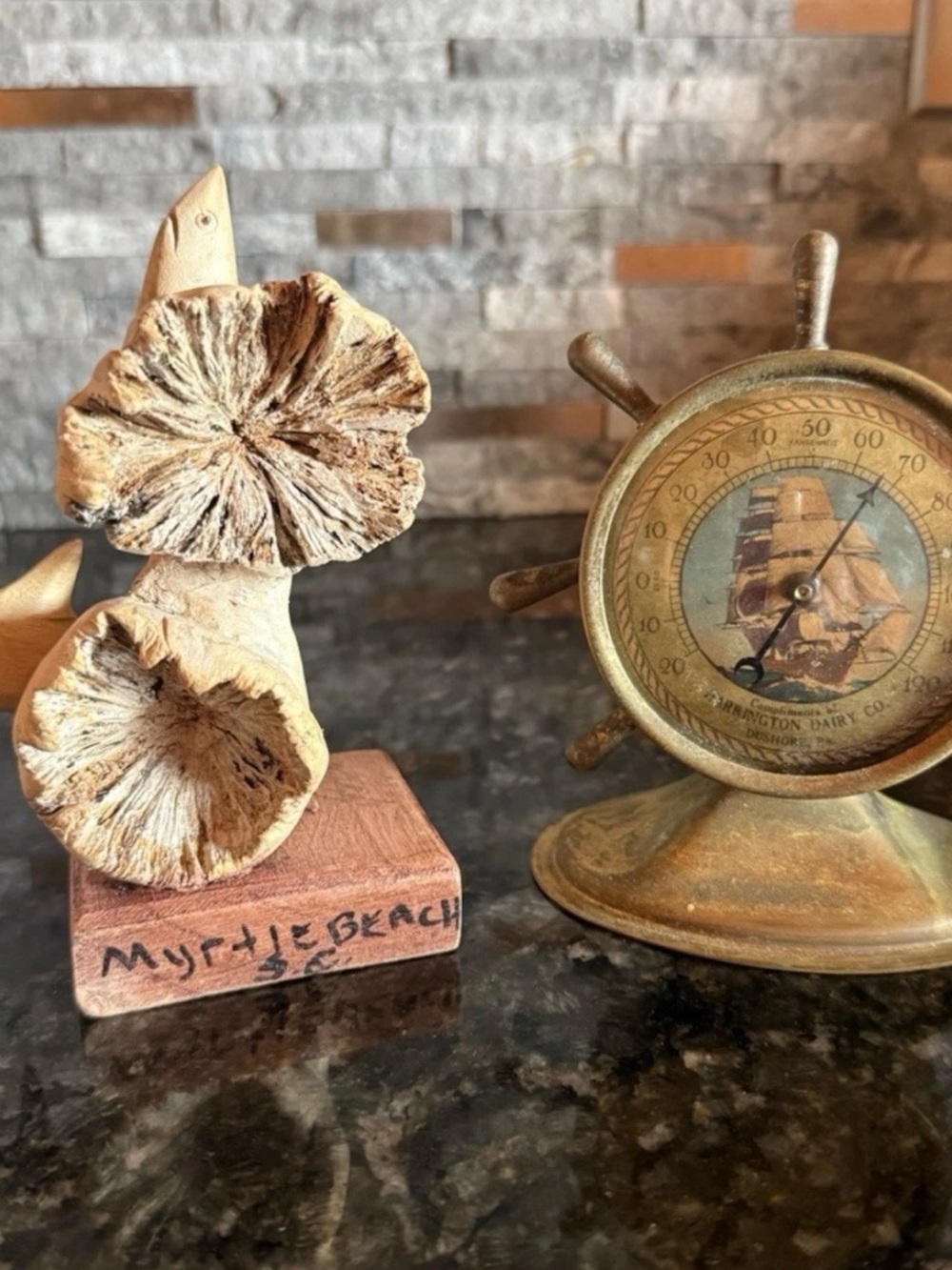 Vintage Nautical Pair- Brass Ship Thermometer and Coral Driftwood Sharks